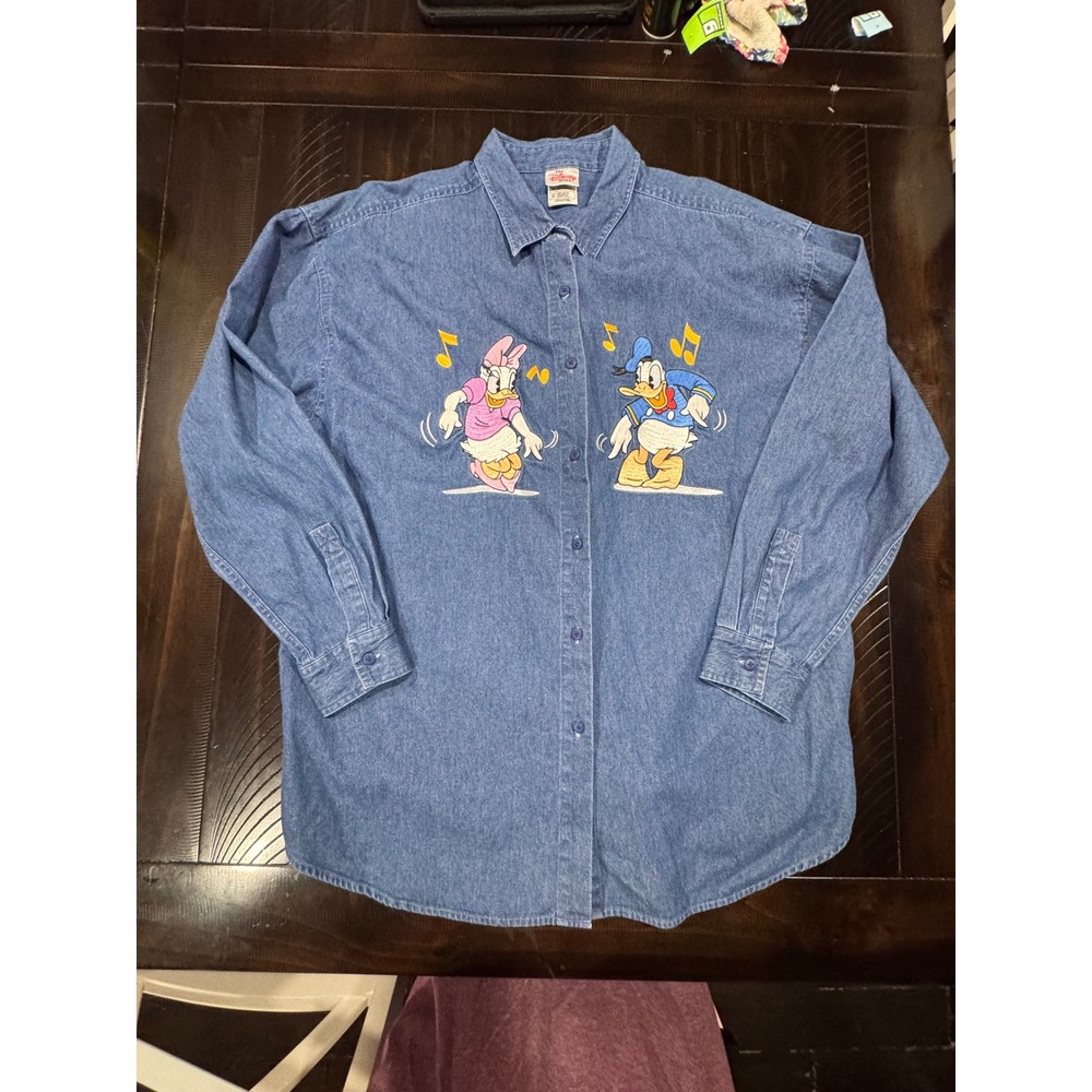 Vintage Disney Store Donald Daisy Duck Embroidered Denim Shirt XL Blue Cotton